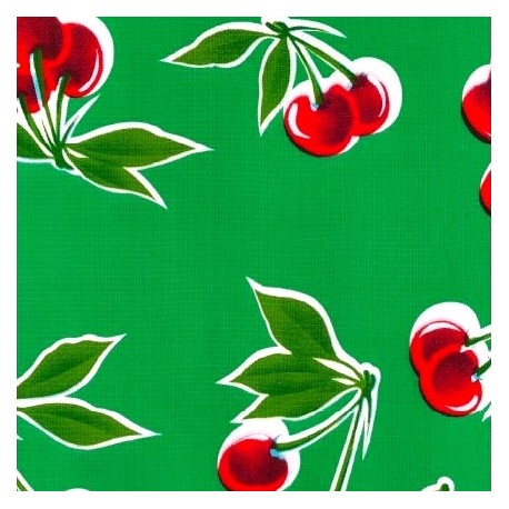 Green Cerezas oilcloth - Cherry Mexican laminated cotton - Casa Frida