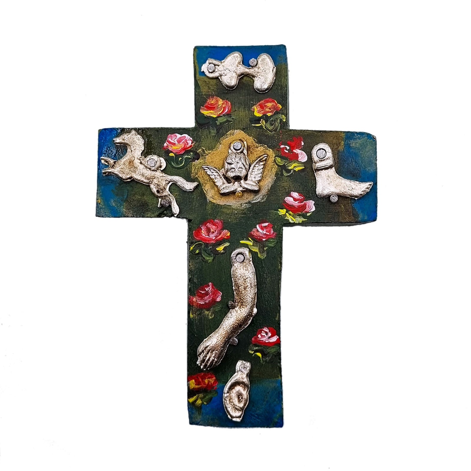 Sacred Heart with Cross Studded with Milagros, Sacred Heart newest with Milagros, Heart with Ex-Votos, Cross with Milagros