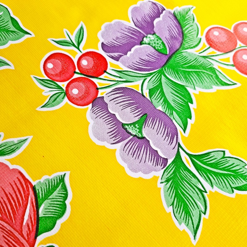 Yellow Capullo oilcloth - Coated fabric wth poppies - Casa Frida