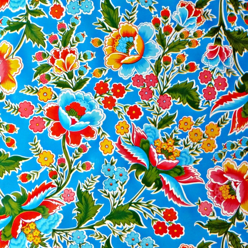 Blue Fantasia oilcloth - Vintage mexican tablecloth - Casa Frida